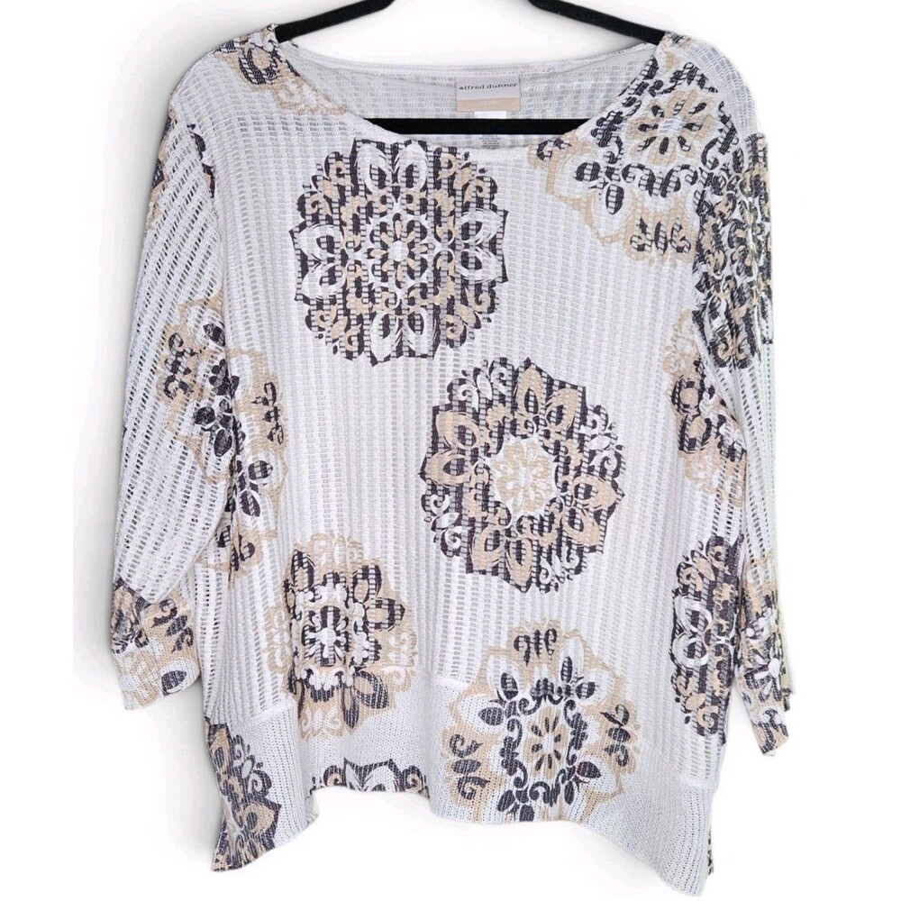 Alfred Dunner Top Womens 1X White Beige Medallion Textured Knit Plus Size